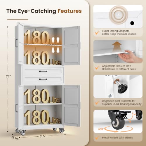 Image of White Metal Garage Storage Cabinet Rolling Kitchen Storage Pantry Cabinet