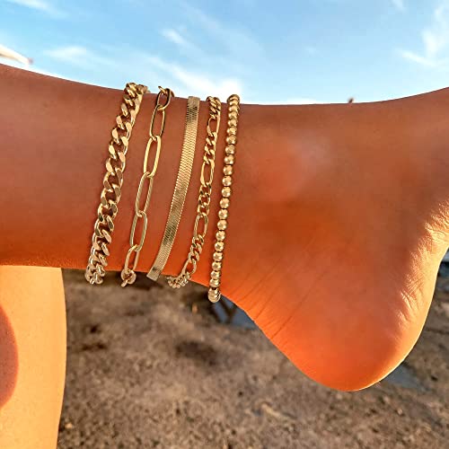 Gokeey Gold Ankle Bracelets Set for Women 14K Gold Plated Paperclip Herringbone Snake Chunky Cuban Link Chain Anklets Waterproof Layered Anklet Gold Jewelry Gift