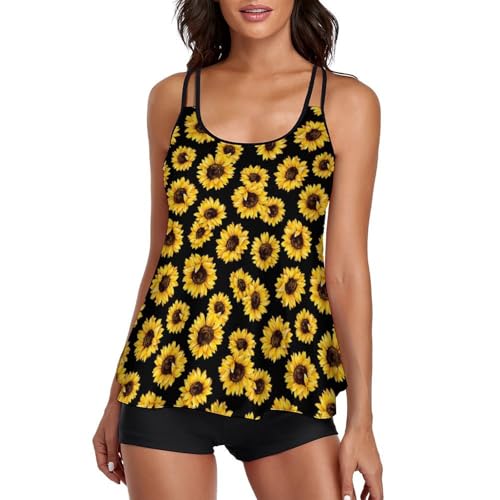 Tankini con pantalones cortos y estampado de girasoles retro para mujer