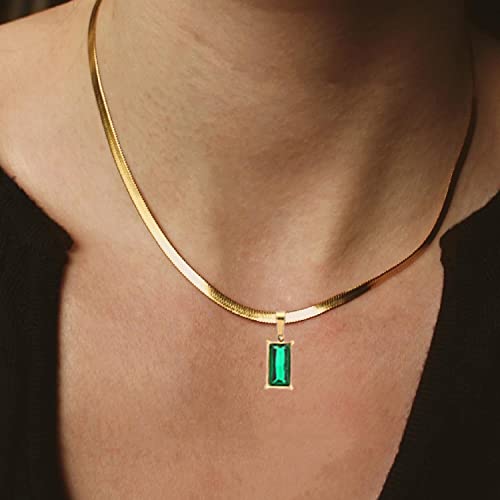 Jeiawidi Gold Herringbone Necklace For Women,Dainty Birthstone Pendant Necklace,18K Gold Plated Snake Chain Choker Necklaces,Simple Moissanite Handmade Necklaces For Women Teen Girls Jewelry #TOP3