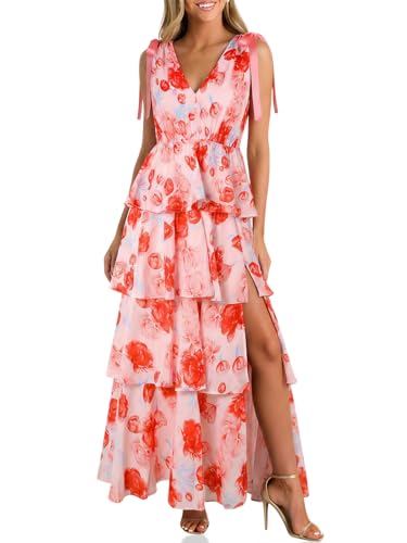 Image of Wenrine Womens Summer Floral Maxi Dress Tie Strap Sleeveless V Neck High Slit Boho Ruffle Tiered Beach Dresses