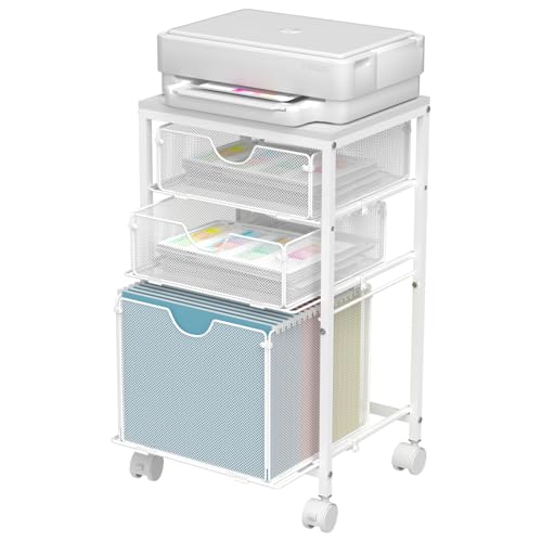 BOHDK Rolling File Cart with 3 Storage Drawers, Wood & Mesh Hanging File Folder Organizer with Wheels Under Desk, File Cabinets for Home Office, 11.81