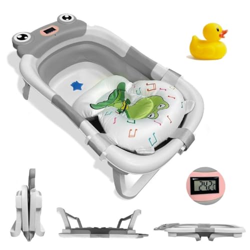 BAÑERA PLEGABLE BEBÉ 5 EN 1 Termómetro + Cojín Protector + Patas Antideslizantes + Tapón de Seguridad | Bebé Recién Nacido | Diseño Plegable en 2 | Fácil de Guardar y Transportar (GrisRana)