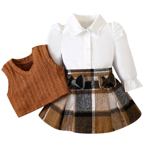 Image of ChuYuKu Baby Girl Clothes Fall Winter Outfits Puff Sleeve Shirt Tartan Pleated Skirt Cute Vest Set Toddler Girl Dress Holiday