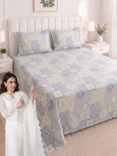Image of Mafatlal 186 TC Metro Cotton King Size Bedsheet | 108 x 108 Inch|Soft, Breathable & Lightweight | Includes 2 Pillow Covers| Morning Sky 2