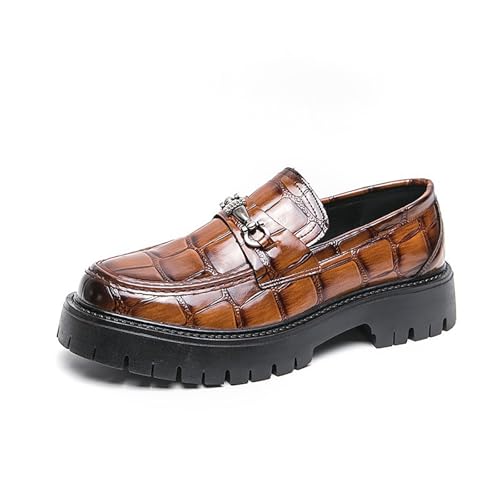 Men's Leather Printed Platform Slip-On Penny Loafers Fashion Round Toe Metal Decoration Non-Slip Lug Sole Business Dress Shoes for Driving Office Party
