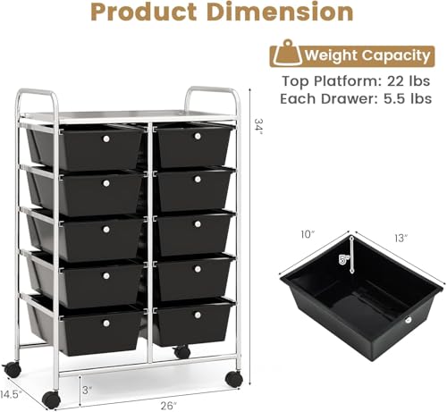 Image of LDAILY 10 Drawer Rolling Cart, Storage Cart Organizer on Wheels, Drawer Cart with Metal Frame & Large Storage Capacity, Rolling Cart with Drawers for Living Room Classroom, Office