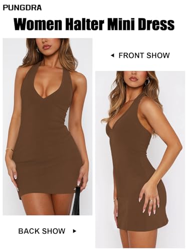 Image of Women's Sexy Halter V Neck Mini Dress for Women Summer Slim Fit Going Out Club Party Bodycon Short Dresses