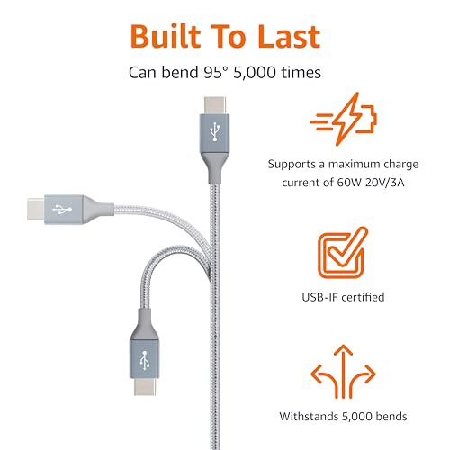 Image of Amazon Basics Nylon Braided USB-C to USB-C 2.0 Fast Charger Cable, 60W, 480Mbps Speed, USB-IF Certified, for Apple iPhone 16 /15, iPad, Samsung Galaxy, Tablets, Laptops, 10 Foot, Dark Gray