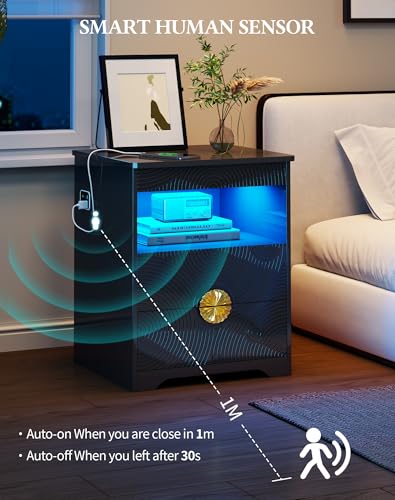Image of LED Nightstand with Gun Drawer, Modern Bedside Table with 3-Color Lights & Human Sensor, Smart Night Stand with Charger Station, 2 Drawers End Table for Bedroom, Black