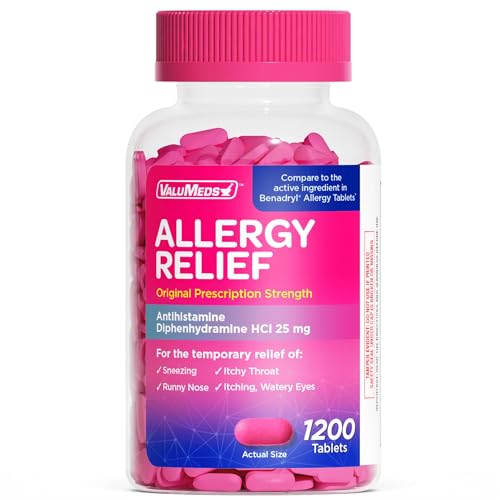 ValuMeds Allergy Medicine Antihistamine, Diphenhydramine HCl 25 mg | Children and Adults | Relieve Itchy Eyes, Runny Nose, Sneezing (25 mg, 600 Count)