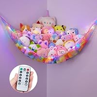 MHJY Toy Hammock Stuffed Animals Toy Storage Net with LED Light Large Corner Hanging Soft Cuddly Plush Mesh Organizer with Remote Control 8 Kinds of Llight Mode for Kids Nursery Bedroom