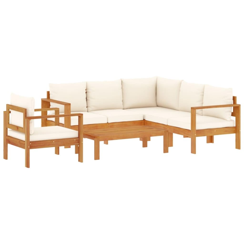 IKAYAA Sofá para jardín de Madera de Acacia, Sofa Jardin Exterior, Sofá de Esquina para Jardín Resistente a la Intemperie, Conjunto Jardín, Muebles Jardín Exterior 5 plazas-Type-3 Blanco Crema