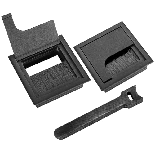2 Stück Kabeldurchführungen Kabeldurchlass, Kabelkanal Schreibtisch mit Bürstendichtung Aluminium, mit 10 Stück Kabelbindern. (Schwarz, 80x80mm)