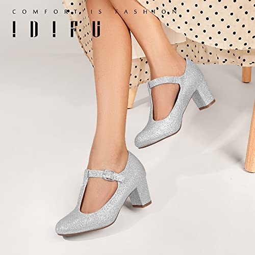 Idifu Women's Pumps Dress Shoes For Women Mary Jane Low Chunky Closed Toe T-Strap Womens Dress Shoes Wedding Shoes For Bride Black Nude Silver Heels For Women (Silver Glitter, 9.5 M Us) #TOP5