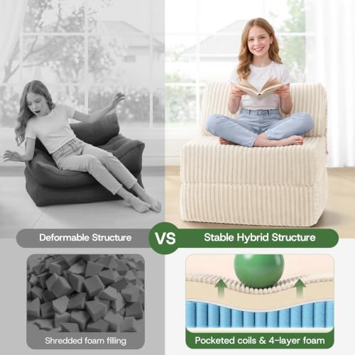 Image of Convertible 4-in-1 Folding Sofa Bed Boneless Sleeper Chair Couch Foldable Chaise Lounger & Mattress Pocket Coils+Foam Fill Medium Support, No Assembly for Living Room /Bedroom, Single XL Beige