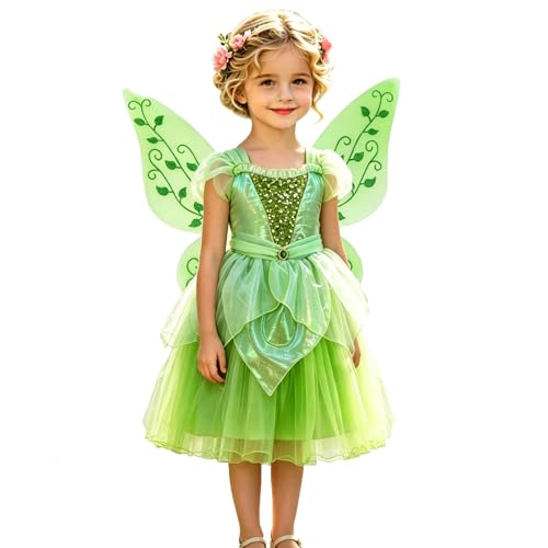 MDycW Princess Tinker Bell Costume for Toddler Girls Birthday Party Fairy Dress Up Special Occasion Dress with Wings Green