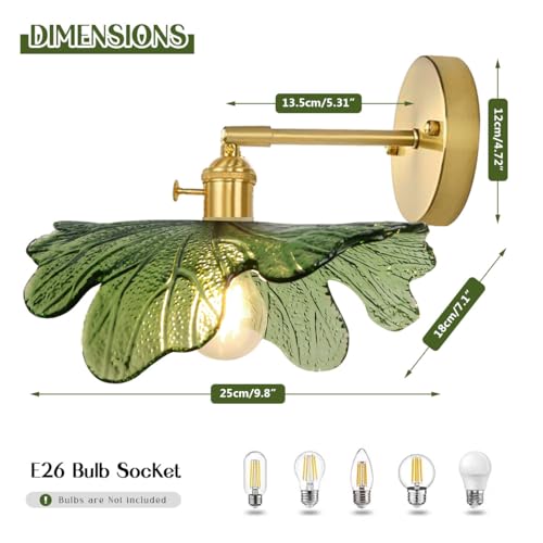 Image of Bathroom Vanity Light Over Mirror Vintage Gold Brass Wall Sconce Light with Green Flower Glass Shade Hradwired Mid Century Modern Vanity Lights Fixtures for Bedside Bedroom Doorway