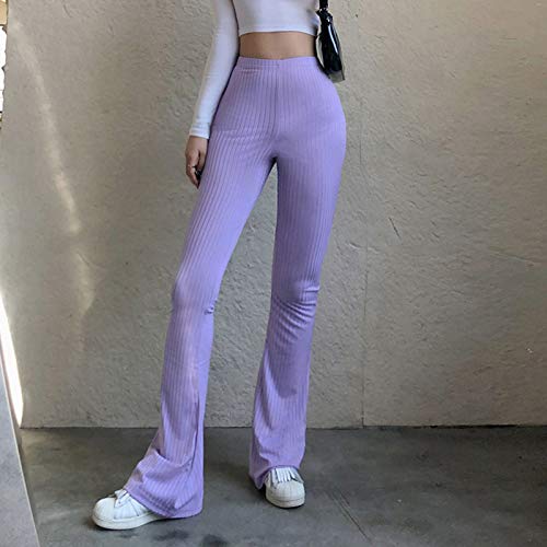 FEESHOW Women E-Girl High Waist Ribbed Y2K Pants Flared Leg Pants Solid Color Skinny Pants2