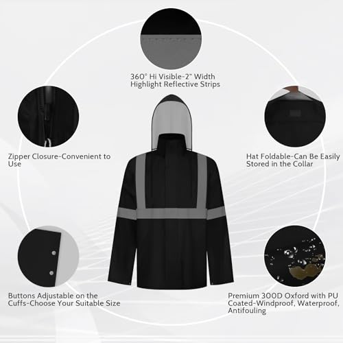 Image of TCCFCCT Hi Vis Rain Jacket Rain Suits for Men Waterproof, High Vis Rain Coat with Hood, High Visibility Rain Gear for Safety Work, Class 3 Reflective raincoat for Outdoor Activities, L-XL Black NP