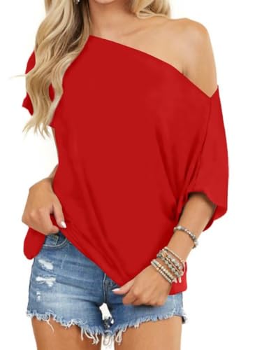 Image of LACOZY 2026 Womens Short Sleeve Off-Shoulder Tops Summer Loose Fitting T-Shirt Blouse Batwing Sleeves Women Tops Red L
