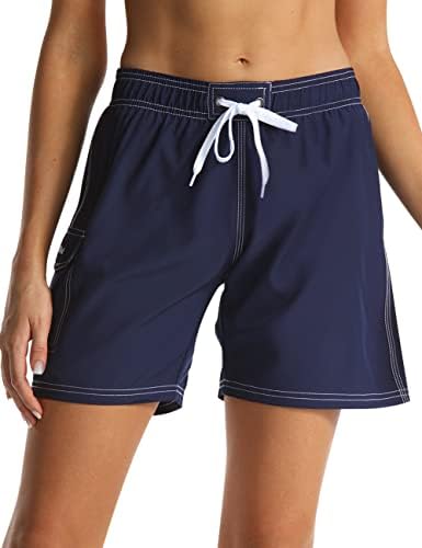 Nonwe Women's Swim Shorts Relaxed Fit Classic Solid Beach Board Shorts with Liner Blue XS