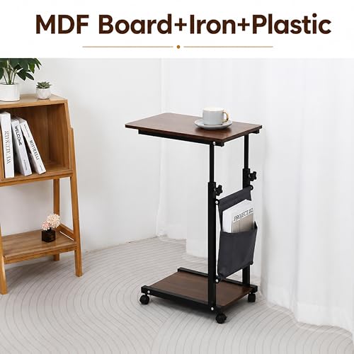 Image of ANT ESPORTS BRAVO CD500 (WALNUT) Adjustable Laptop Table with Wheels & Storage Pocket, 48x30cm Wooden Top,Height Adjustable 60-80cm Rolling Side Desk for Bed, Sofa, Study, Home Office & Work From Home
