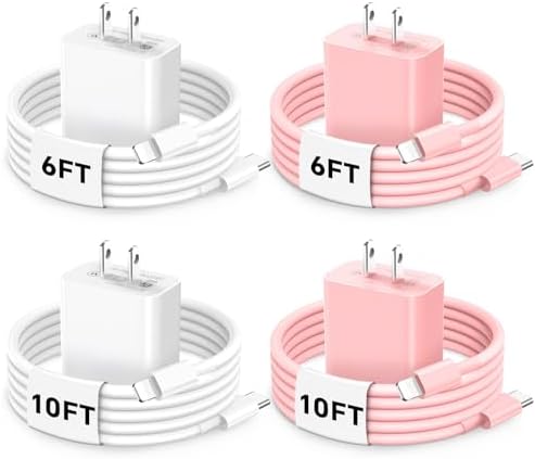 Phone Charger Fast Charging,MFi Certified 4-Pack 20W PD USB C Wall Charger with 2-Pack 6/10FT Fast Charging Type C to Lighting Cable for Phone 14/13/12/Plus/Pro/Pro Max/Mini/Pad, White/Pink