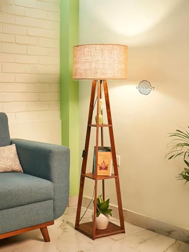 Image of Tripod Floor Lamp for Living Room, Bed Room with Wooden Crafter Stand | Modern Decorative Tripod Lamp in Jute Shade Brown LED..