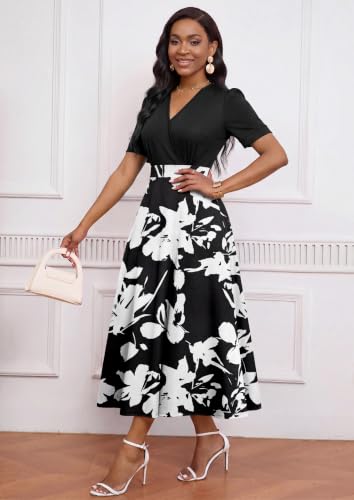 Image of MarryUP Women's Midi Dresses - V Neck Cocktail & Church Tea Dresses - Short Sleeve A-Line Swing Dress