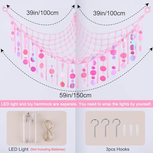 Image of FIOBEE Stuffed Animals Hammock Net Toy Storage Organizer with LED Light, Stuffed Animals Storage Girls Room Decor Wall Hanging with Sequins for Kids Bedroom Nursery Playroom, Light Pink