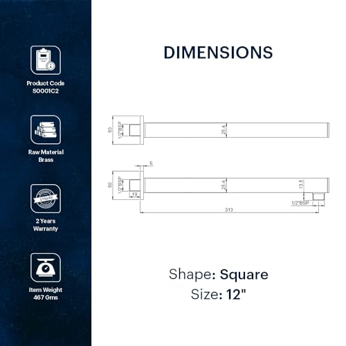 Image of Johnson Square Shower Arm 12 inches long with wall flange | Brass Material | Anti-Corrosion Shower Holder for Overhead Showers | 2 Year Warranty (S0001C2 - Chrome)