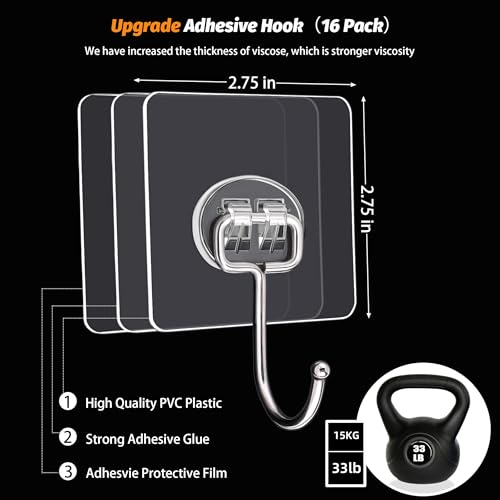 DKHDBD Large Adhesive Hooks, 16-Pack Hold 33lb(Max) Heavy Duty Sticky Hooks, Waterproof Transparent Hooks for Hanging, Self-Adhesive Traceless Clear Wall Hooks to Use for Keys Robe & Towel
