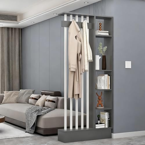 壁面用木製ルームディバイダー(フック・棚付き)、モダンルーム仕切りコートラック、新中式グリル本棚(玄関・リビング用装飾)(Gray+White,80cm/31.5in)