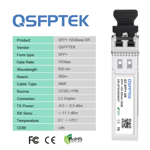 Image of 10GBase-SR SFP+ Module, 10gb LC 850nm 300M DDM Multimode 10GbE Fiber MMF SFP Optic Transceiver, Compatible with Arista SFP-10G-SR, Cisco Ubiquiti Netgear Supermicro