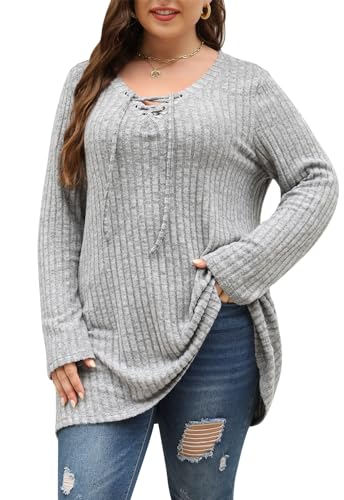 Image of Nemidor Women Plus Size Casual Tunic Top Drawstring V Neck Long Sleeve | 1X-5X plus, ribbed knit, long sweater, solid, semi-fitted flattering cut for curvy women, Fall, Winter, work, daily, dinner
