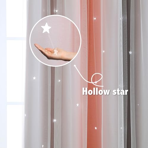 Image of Double Layer Dreamy Star Blackout Curtain 1 Panel W52 x L95,Pink Grey | Princess Style Window Drapes for Kids Room Elegant Decor for Daughter Bedroom Living Room Soft Fabric Design