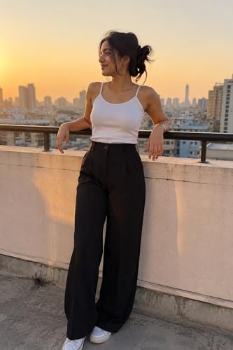 Image of Korean Pants for Woman | High Waist Wide Leg Trouser | Formal Office Casual Wear | Zero See-Through Semi-Stretchable Fabric