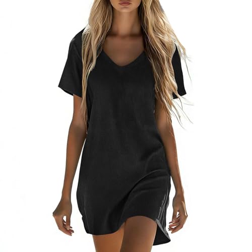 cotton athletic dress Mini for Women Summer Linen Short Sleeve T Shirt Dress V Neck Workout Sundress with Pockets Black at Amazon Women's Clothing store white ivory Plus Size Beach Wedding this dress features side US Size:34