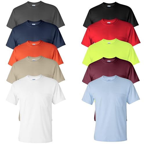Gildan Mens T-Shirt, Adult Ultra Cotton 6 Oz. Tee with Pocket, Multipack 1I3I6I10 Set of 10, M Multicolor