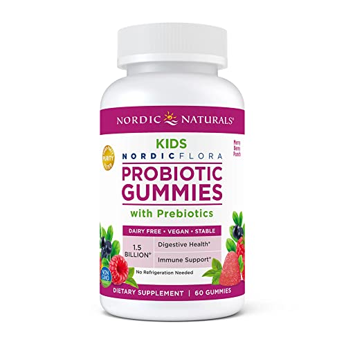 Nordic Naturals Kids Nordic Flora Probiotic Gummies, Merry Berry Punch - 60 Gummies - 1.5 Billion CFU & Prebiotic Fiber - Non-GMO, Vegan - 30 Servings