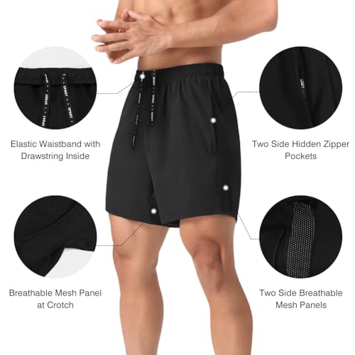 2 Pack Mens Lightweight Athletic Running Shorts 5'' Quick Dry Gym Workout Shorts with Zipper Pockets3