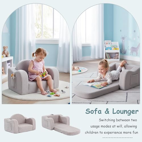 Tiita Kids Sofa, 2-in-1 Toddler Convertible Sofa & Lounger, Flip Out Kids Sofa Chair, Toddler Foldable Foam Couch with Armrests & Removable Cover, Easy Clean for Girls & Boys Bedroom/Playroom, Grey