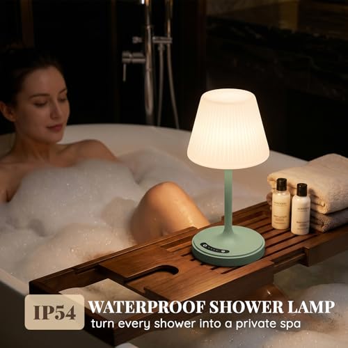 Image of Waterproof Shower Lamp Outdoor Cordless Table Lamp, 3-Color Dimmable -Green | 4000mAh, touch, weighted base, bathroom shower light, patio dinner, RV camping, charge your phones, memory night light