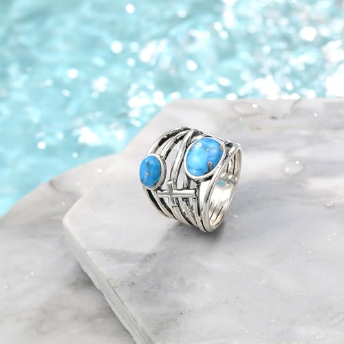 Turquoise Rings for Women, Silver Turquoise Engagement Ring with Cross, Handmade Statement Band Jewelry Gift, Size 6-92