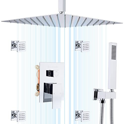 Backnets Shower System,16 inch Ceiling Mount High Pressure Shower Head System，Head Handheld Shower head with 4pcs Body Sprays,Shower Fixtures Rain Mixer Shower Combo(Polished Chrome)