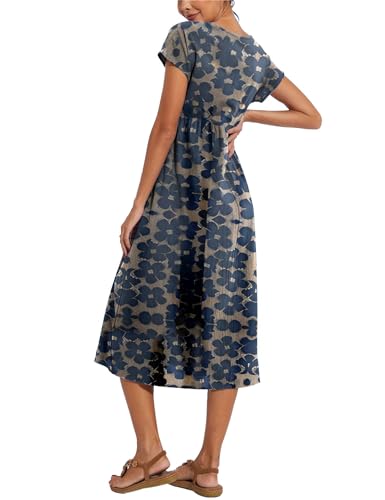Image of LARMLISS Baggy Crew Neck Dress for Women Summer Casual Comfy Cotton Short Sleeve Tunic Beach Maxi Dresses with Pockets