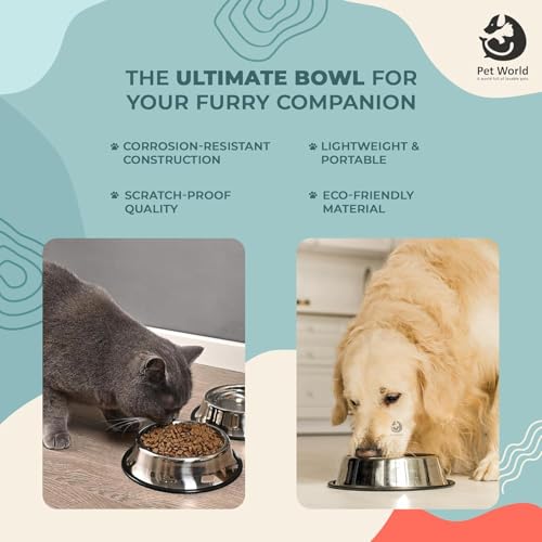 Image of Pet World Feeding Bowl 1450ml | Stainless Steel | for Dogs & Cats | Durable & Lightweight Feel | Scratch and Rust-Free | Non-Slip Ring at The Base | 1450ml (Pack of 1)