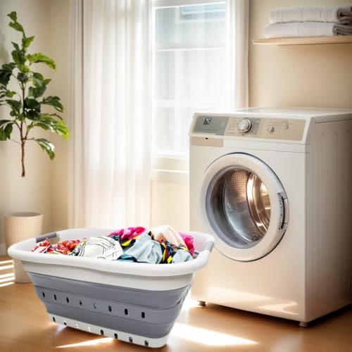 Image of SAMMART 41L (10.8 gallon) Set of 2 Collapsible 3 Handled Plastic Laundry Basket-Foldable Pop Up Storage Container /Organizer-Space Saving Hamper /Basket (2, Grey /Dark Grey)
