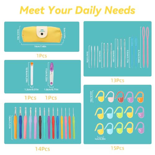 Image of HASTHIP Cotton Crochet Hook Set 14 Sizes, Complete Kit With Carry Bag, Needles, Markers, Measure Tape, Ideal For Beginners, Adults,Yellow-B